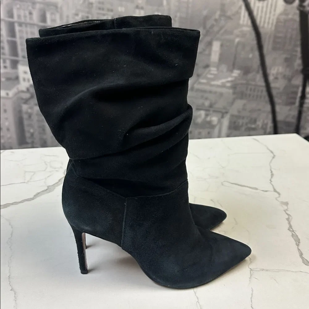 Schutz Ashlee Suede Slouch Mid-Calf Booties Stiletto Heel Boots Black 7.5 - Picture 4 of 10